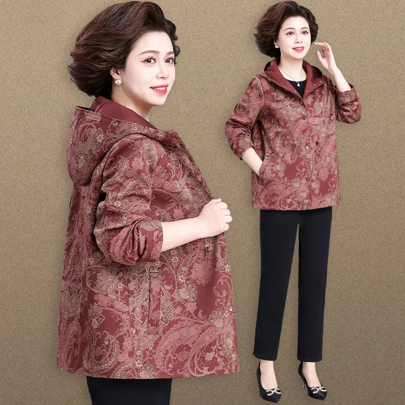 中老年妈妈秋装高贵印花外套老人衣服奶奶春秋上衣阔太太风衣大码