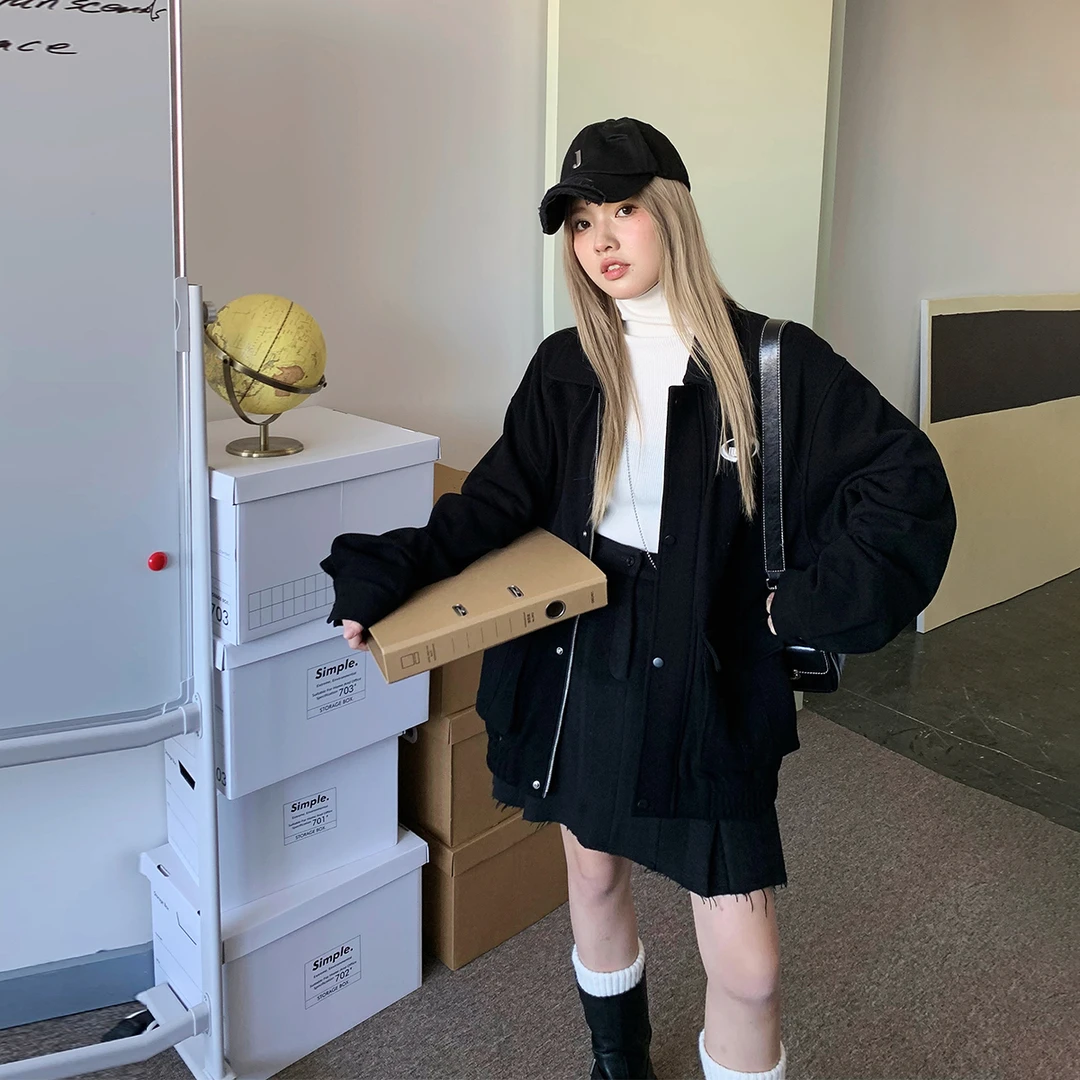 晶咕白标~招牌酷美式~复古宽松外套夹克加厚韩版秋冬厚外套黑色女