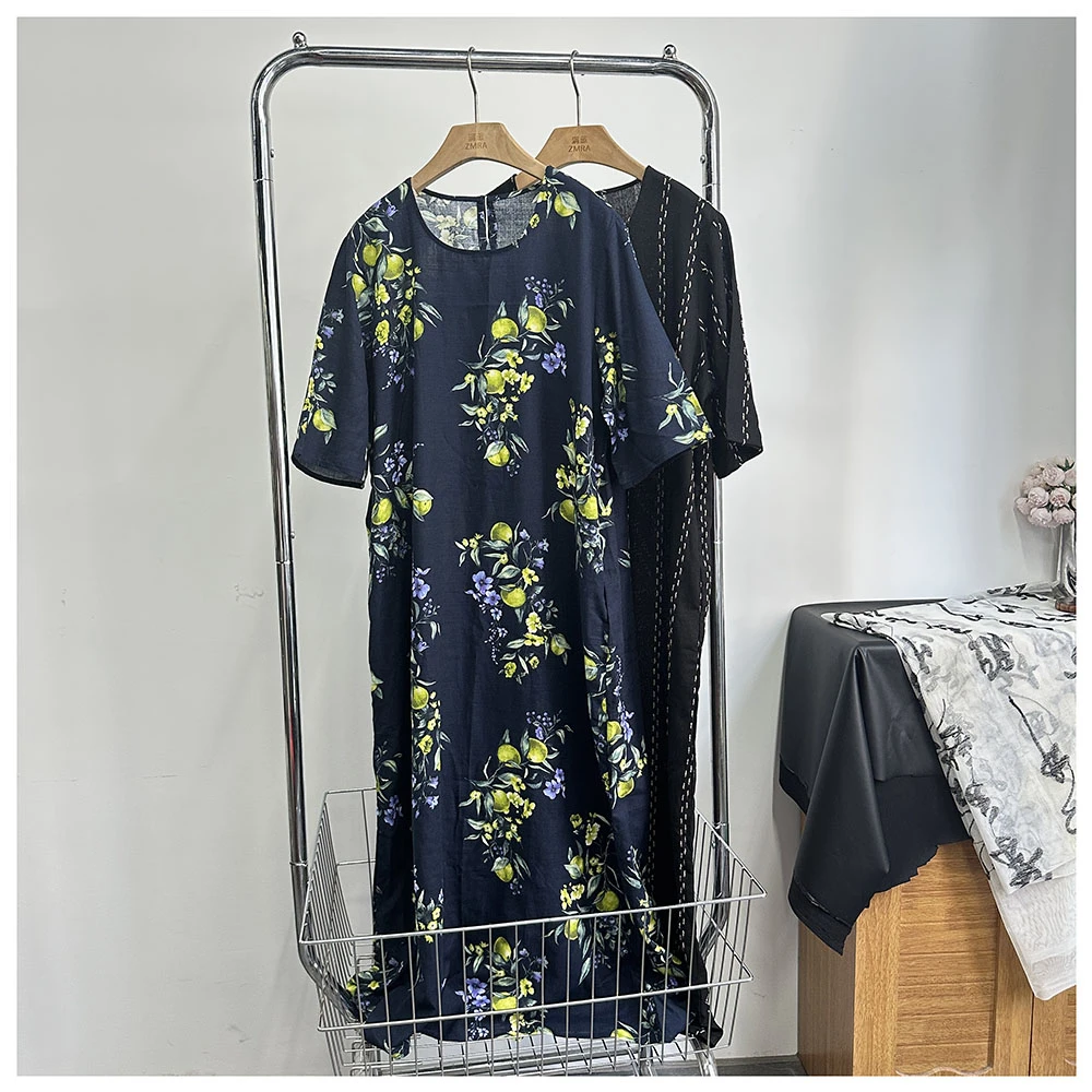 Q208      夏季新款宽松中长款女士花色U型领短袖连衣裙女