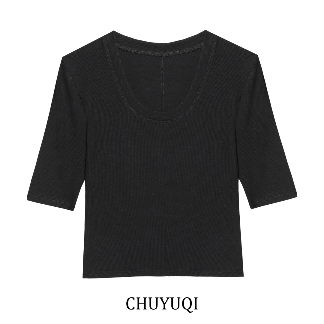 除于七“基础天菜”纯欲U领T恤春夏新款纯色上衣修身短款内搭女1972