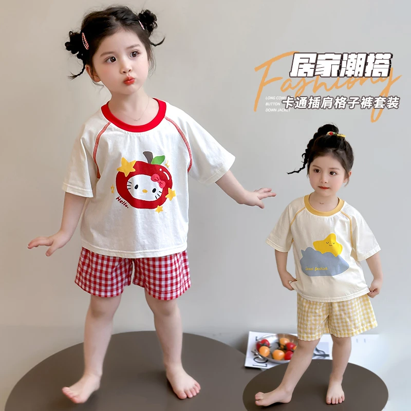 儿童居家套装透气卡通童装女童短袖薄款格子短裤家居服分体两件套