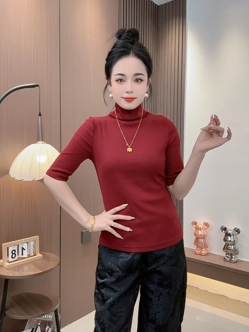 半高领常规五分袖拼接轻职风T恤纯色ins洋气修身紧身XL