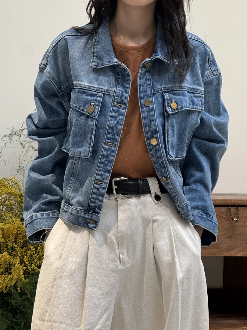大口袋买手款短款牛仔外套女2025新款休闲百搭蓝色复古仔上衣水洗