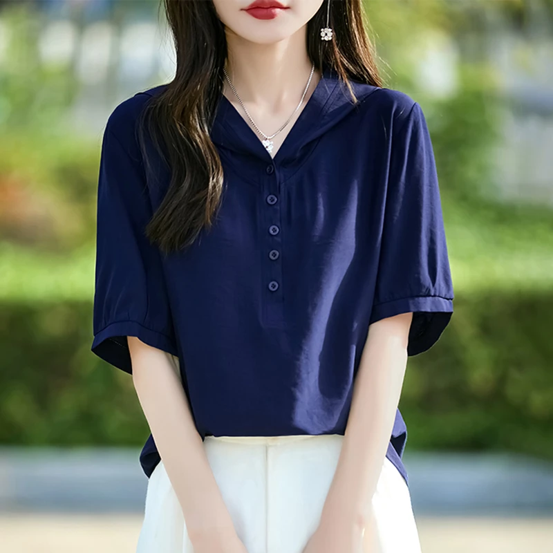 夏季新品女士V领半开扣连帽短袖T恤通勤宽松百搭洋气