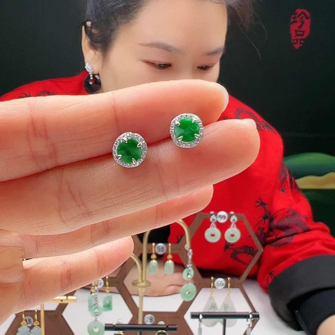 翡翠耳饰银S925镶嵌天然翡翠