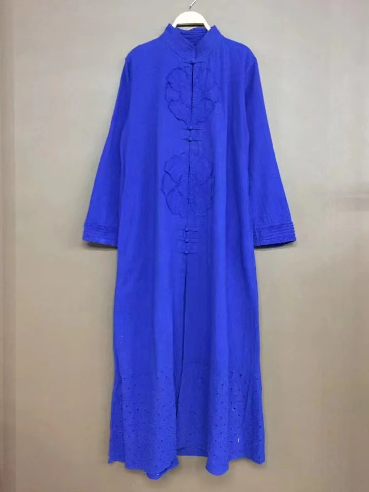 泰国纯植物手织布亚麻高端泰面手工洞花盘扣长裙