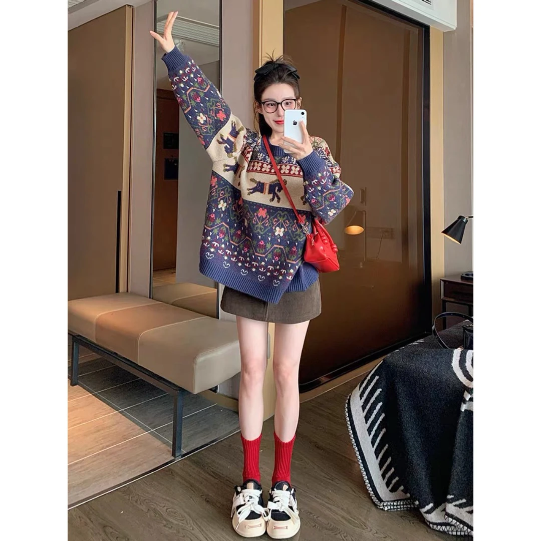 提花费尔岛毛衣加厚套头针织衫高腰半身裙套装女款入秋一整套衣服