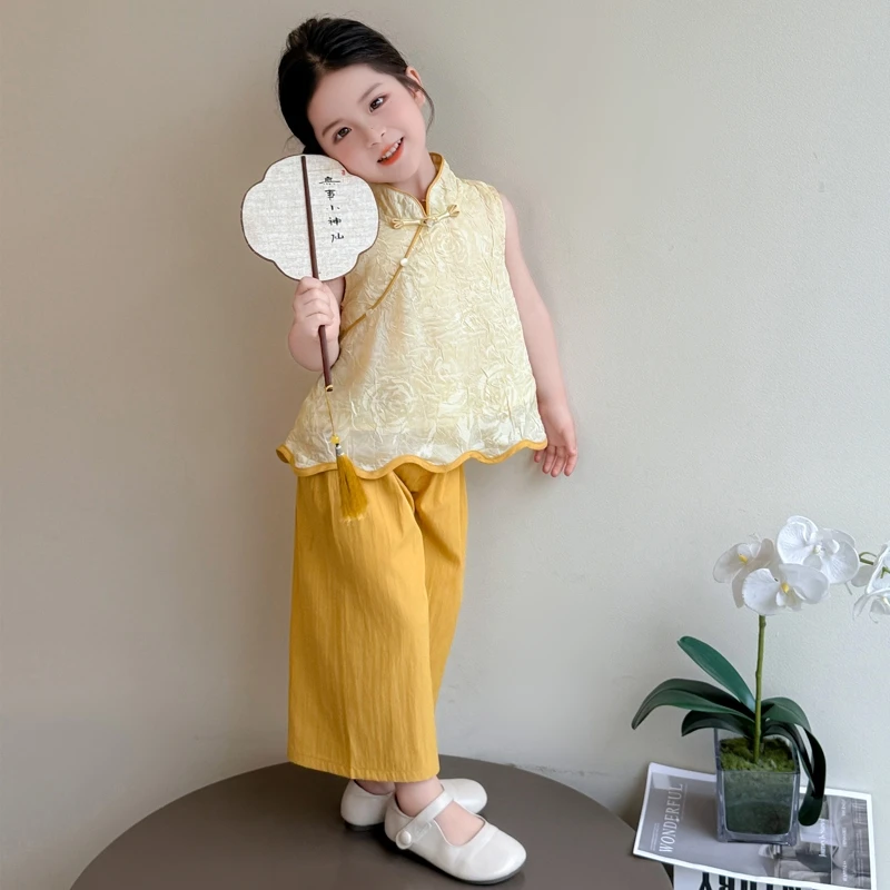女童夏款国风套装2025新款宝宝新中式薄款无袖上衣阔腿裤夏日唐装