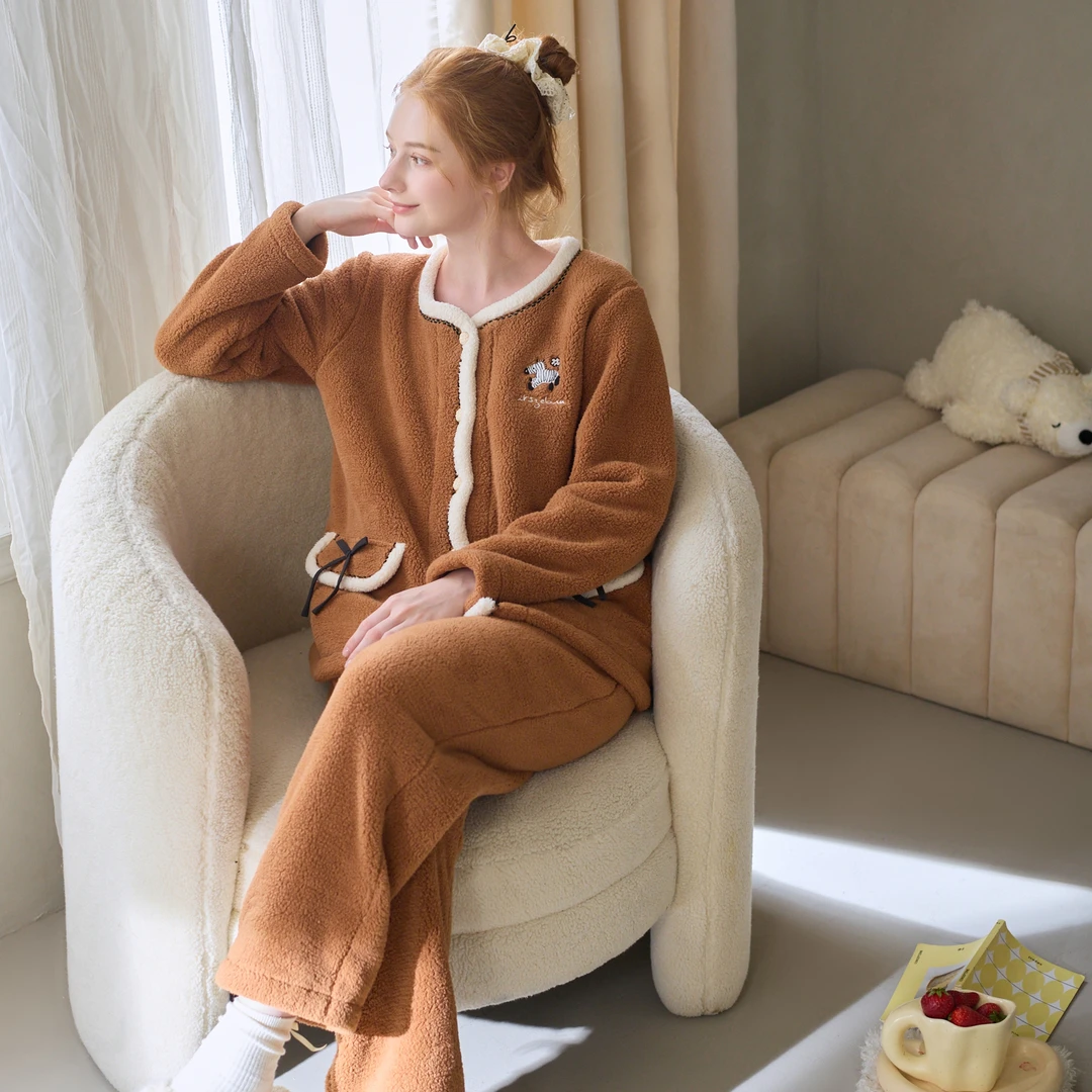 芬腾珊瑚绒睡衣女大学生秋冬加绒加厚保暖长袖长裤卡通家居服套装