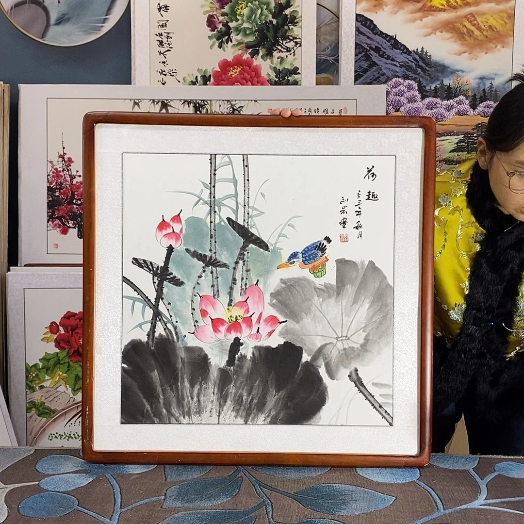 国画手写手绘国画作品带框包邮62✖️62