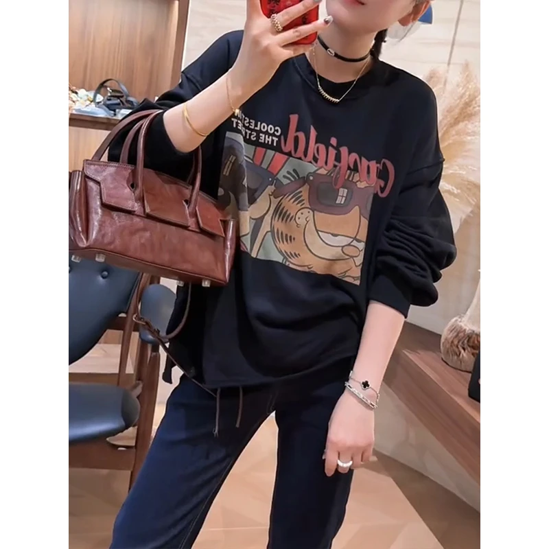 美式炸街卡通印花黑色卫衣女2025秋季新款慵懒风宽松百搭套头上衣