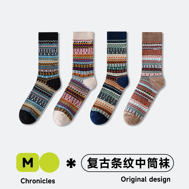 潮拓女袜复古民族风男袜双针双路阿美咔叽穿搭防臭吸汗透气中筒袜
