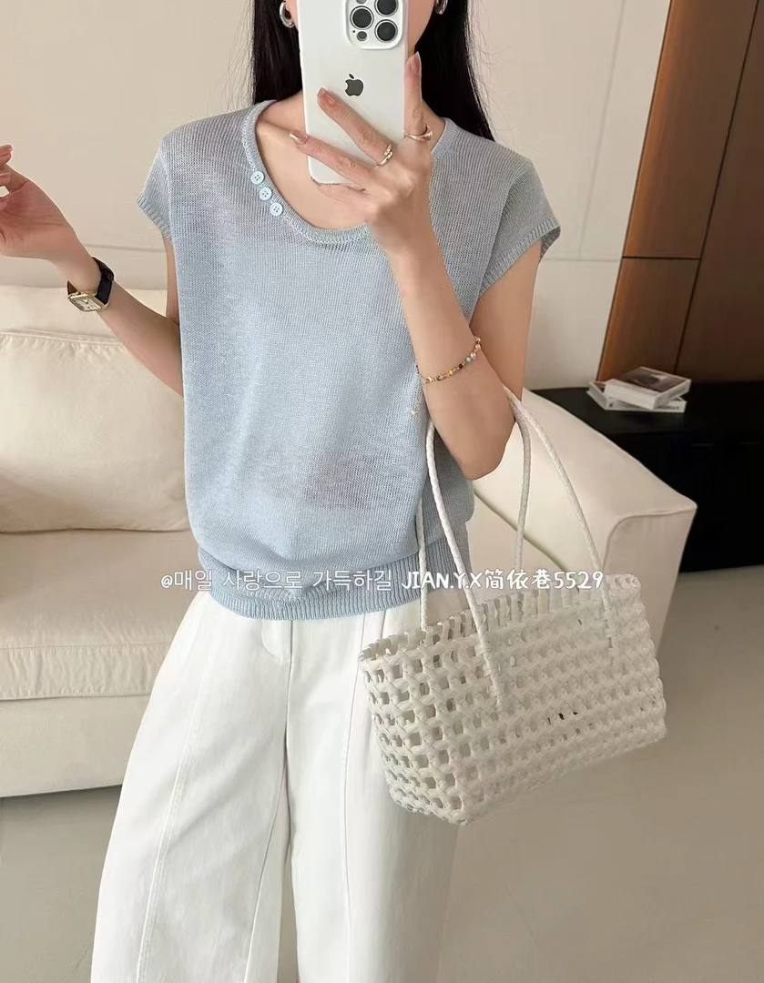 短袖薄款常规极简风V领毛针织衫气质套头无袖芭比风