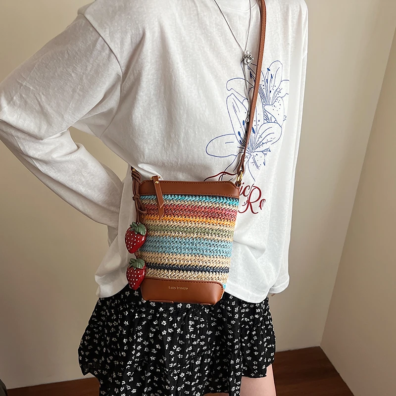 编织水桶包女小清新夏季时尚轻便单肩包百搭休闲斜挎包ins沙滩包