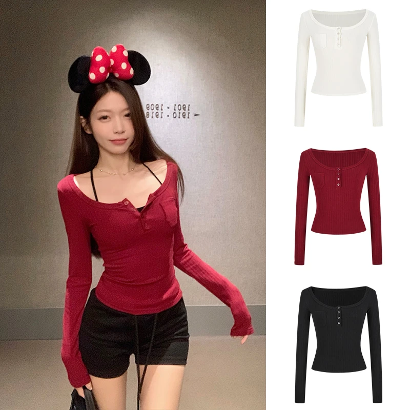 Moses Queen/魔西女王美式复古辣妹方领排扣上衣掐腰显瘦长袖T恤