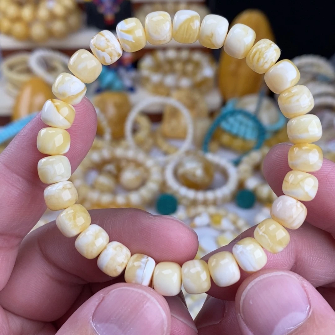 蜜蜡未镶嵌手链瓷白细纹虎皮8mm