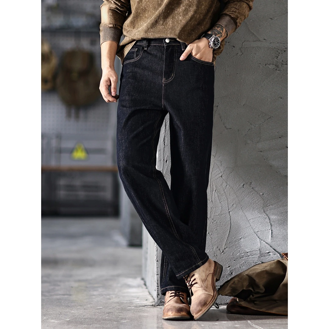 美式牛仔裤男加绒高级感复古水洗阔腿宽松直筒裤