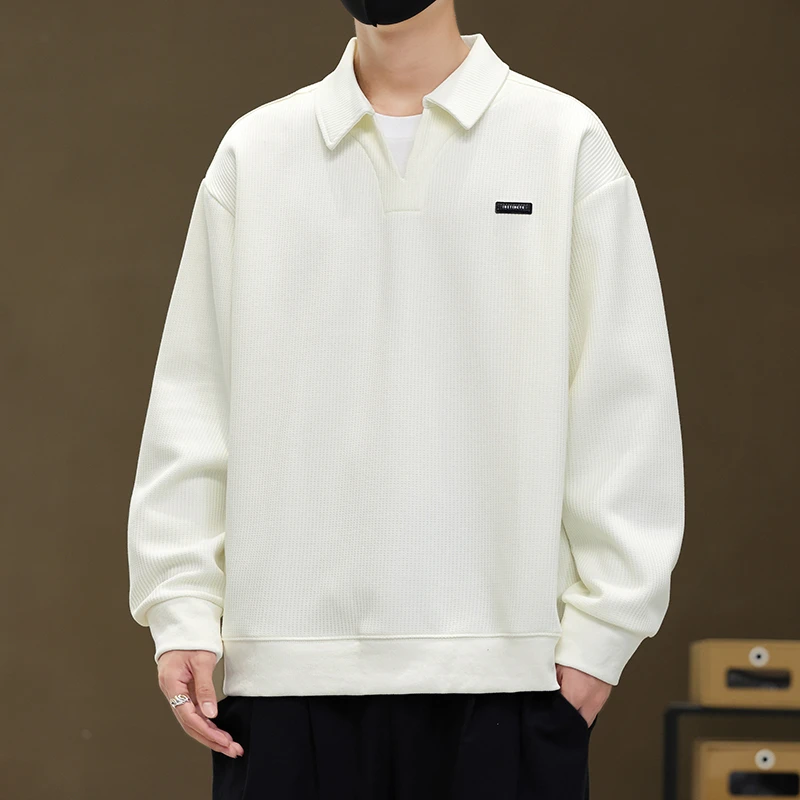 男士新款秋季假两件翻领简约卫衣休闲长袖条纹纯色百搭男上衣6787