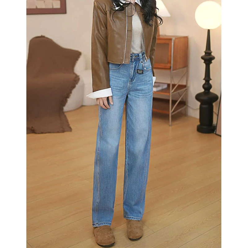 美思源蓝色弯刀阔腿牛仔裤女2025年春季新款显瘦高腰设计感直筒裤