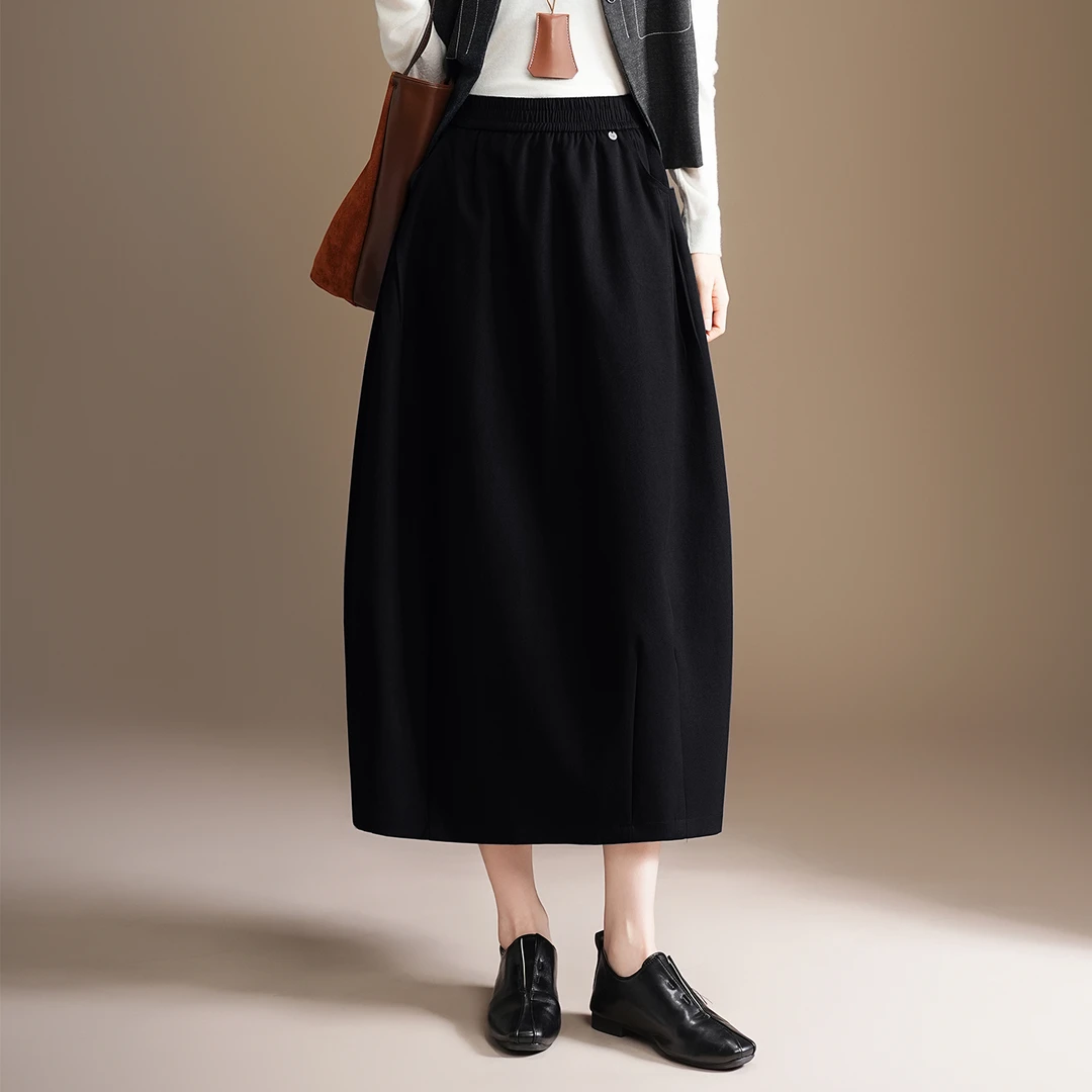 纯色花苞裙高腰灯笼裙褶皱半身裙一步裙中长裙秋季松紧腰半身裙A