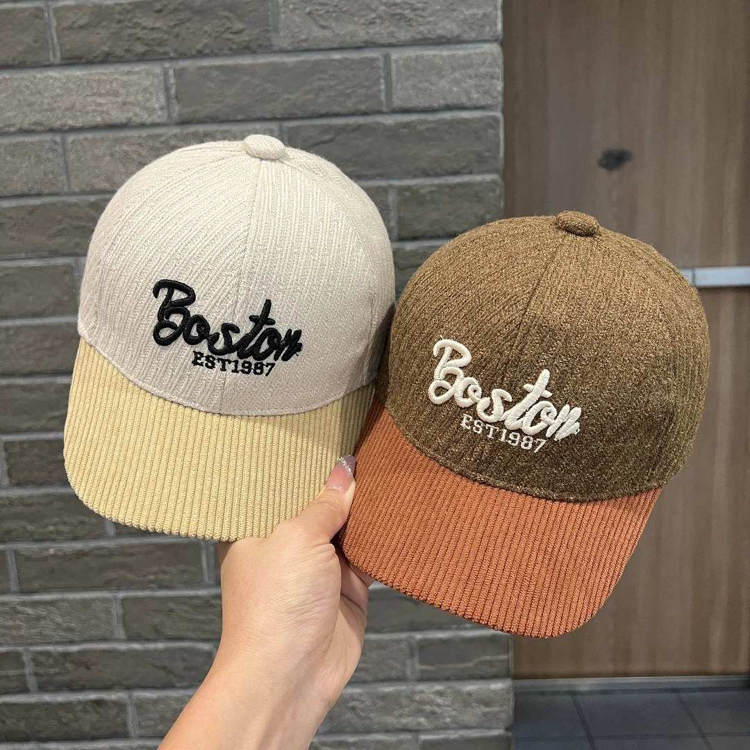 「涵雨乐」宝宝帽子秋冬洋气灯芯绒拼色字母保暖舌帽小童潮搭棒球帽