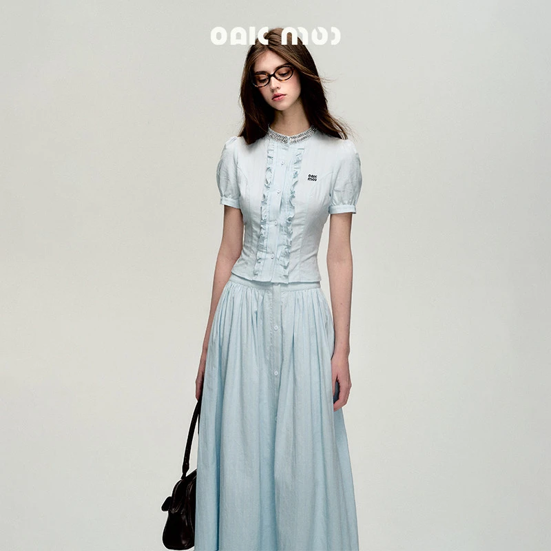 新OAKMOO/ "蓝色时分"海天蓝钻石领时尚衬衣高级感半身裙套装女夏