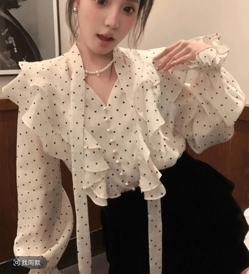 【乖乖牌千金】法式V领灯笼袖波点衬衫女设计感气质百搭上衣-80565