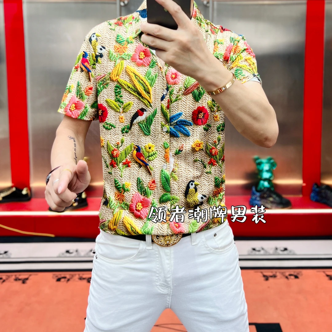 2025夏季男士时尚休闲薄款潮流6D提花喜鹊登梅提花修身翻领个性潮