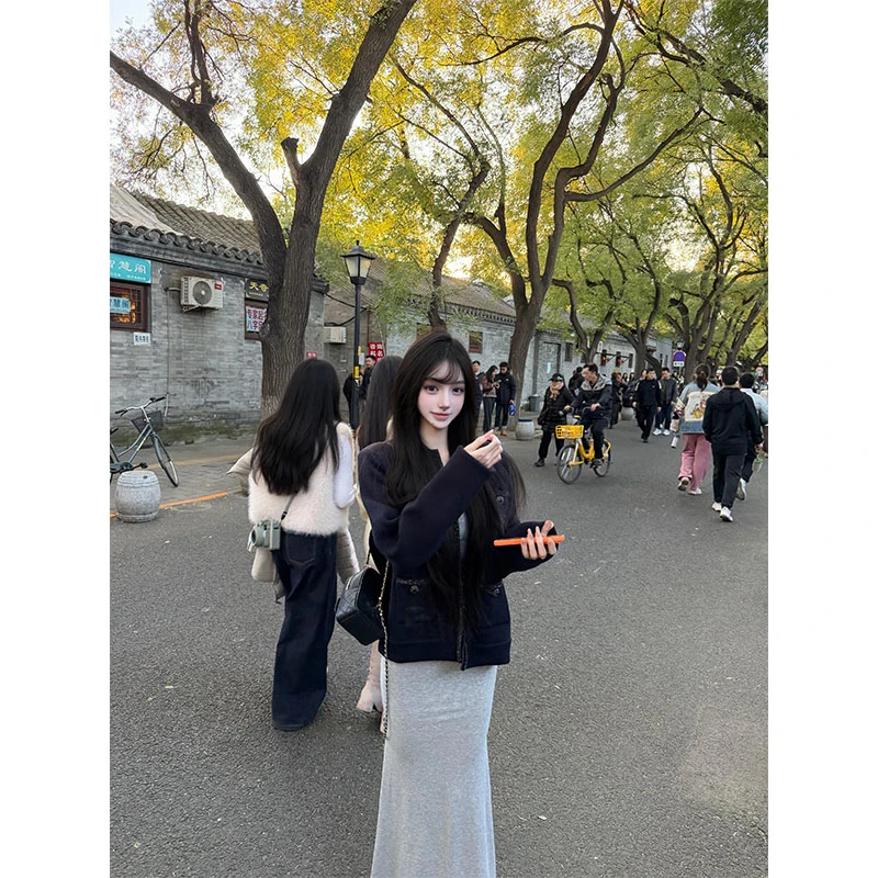 韩系纯欲度假风时尚洋气休闲百搭长袖外套高腰显瘦半身裙套装女潮