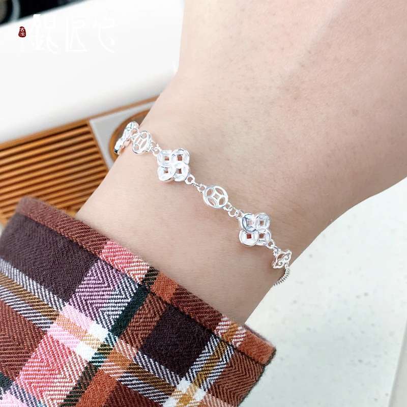 足银手链 足银手链【银匠心】钱币四叶草银链子气质时尚百搭银手链