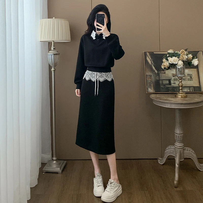 开春穿搭休闲套装裙女装显瘦减龄气质蕾丝拼接卫衣半身裙两件套装