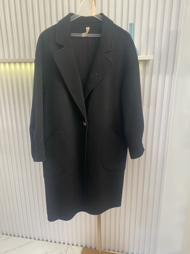 【H4317蓝色双面]外套2024年新款毛呢外套嫩黄色外套韩版