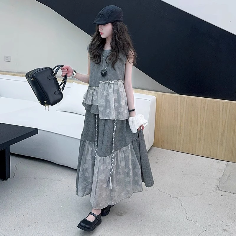 TT专属夏款2025年儿童夏装设计感套裙拼接无袖上衣半身裙两件套