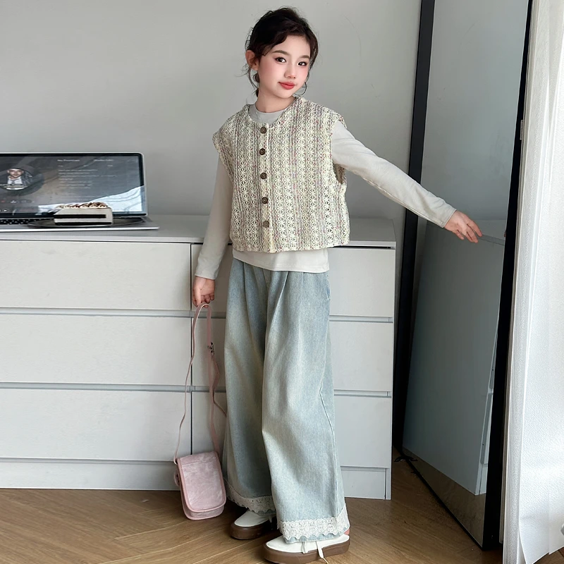 女童高级感穿搭套装2025新款儿童大童韩系木纹扣马甲牛仔裤三件套