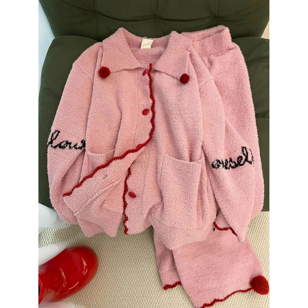 粉色少女半边绒睡衣女冬2024新款加绒加厚家居服保暖针织套装外穿