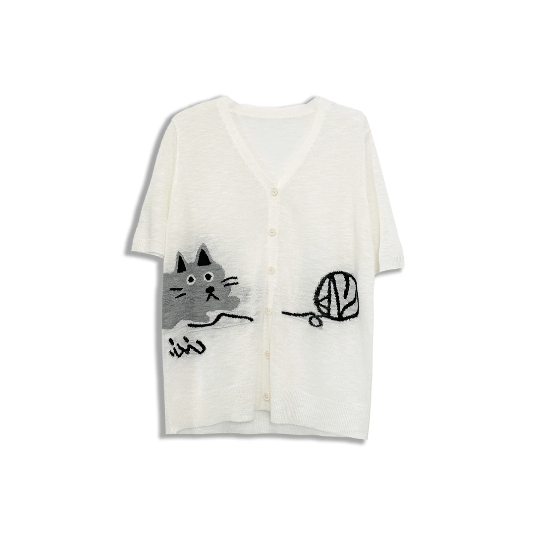 微胖女装【喵喵小衫】新款童趣猫咪提花开衫显瘦百搭短袖上衣369