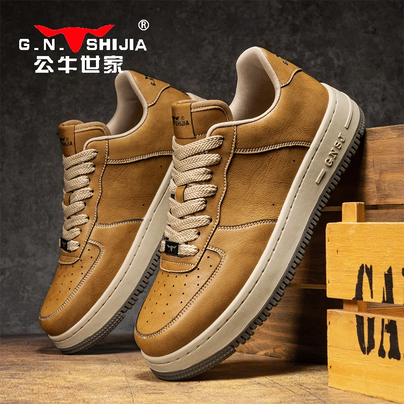 公牛世家秋冬新款潮流男士休闲低帮增高卡其色时尚休闲鞋保暖潮鞋