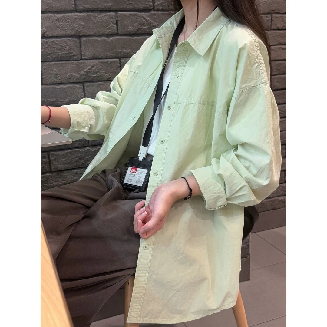 初秋新款奶呼呼浅绿色衬衫超显白内搭外穿百搭纯棉衬衣长袖上衣女