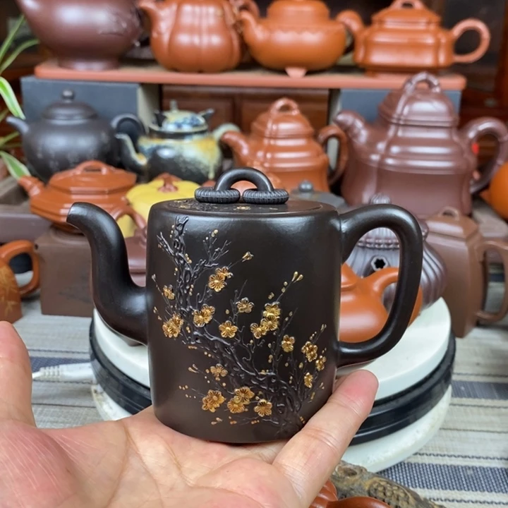 茶壶紫砂双圈240cc原矿赵庄朱泥捂灰、堆花描金工艺特价