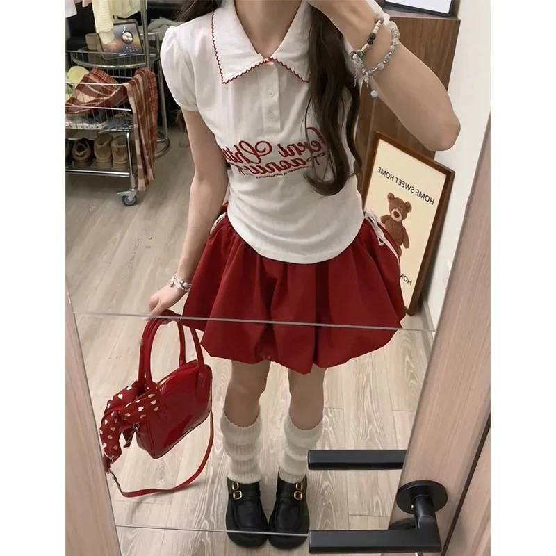 2025夏季新款女韩系穿搭翻领印花短袖上衣气质高腰显瘦花苞半身裙