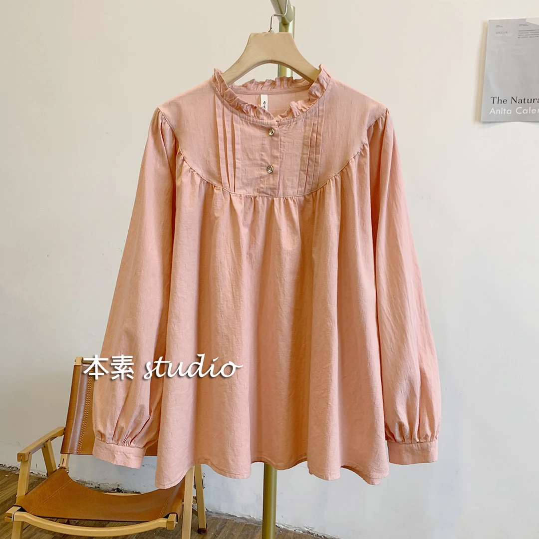 C3351暗纹提花两粒扣风琴褶木耳边立领衬衫