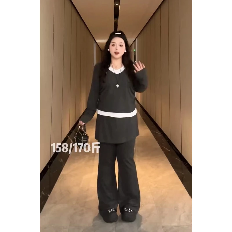 大码假两件撞色V领长袖上衣春季修身显瘦长裤两件套2507#