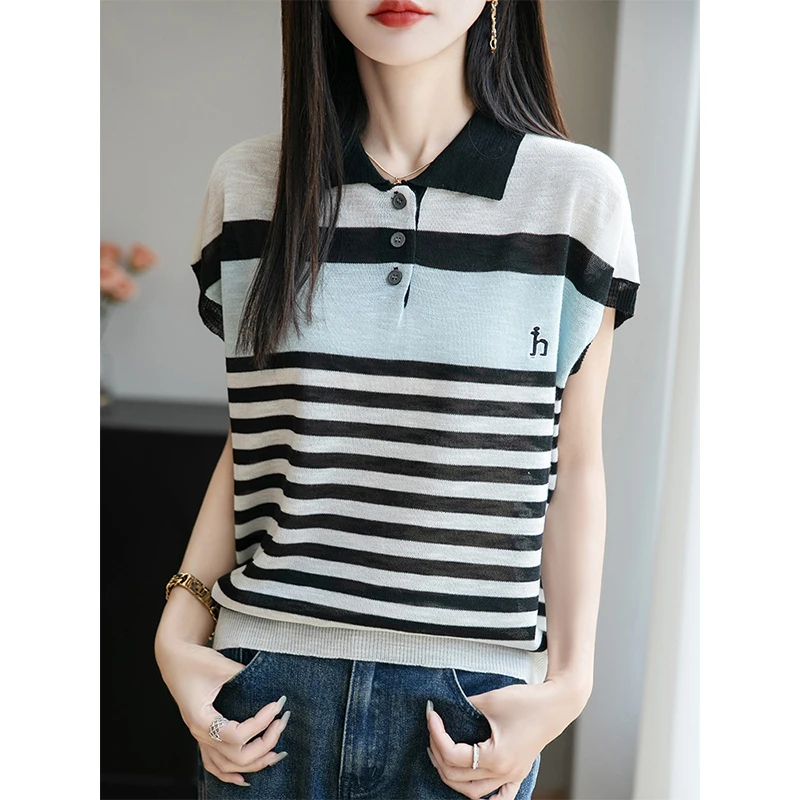 夏季条纹风T恤短袖女士Polo针织衫撞色显瘦气质宽松薄款飞袖上衣