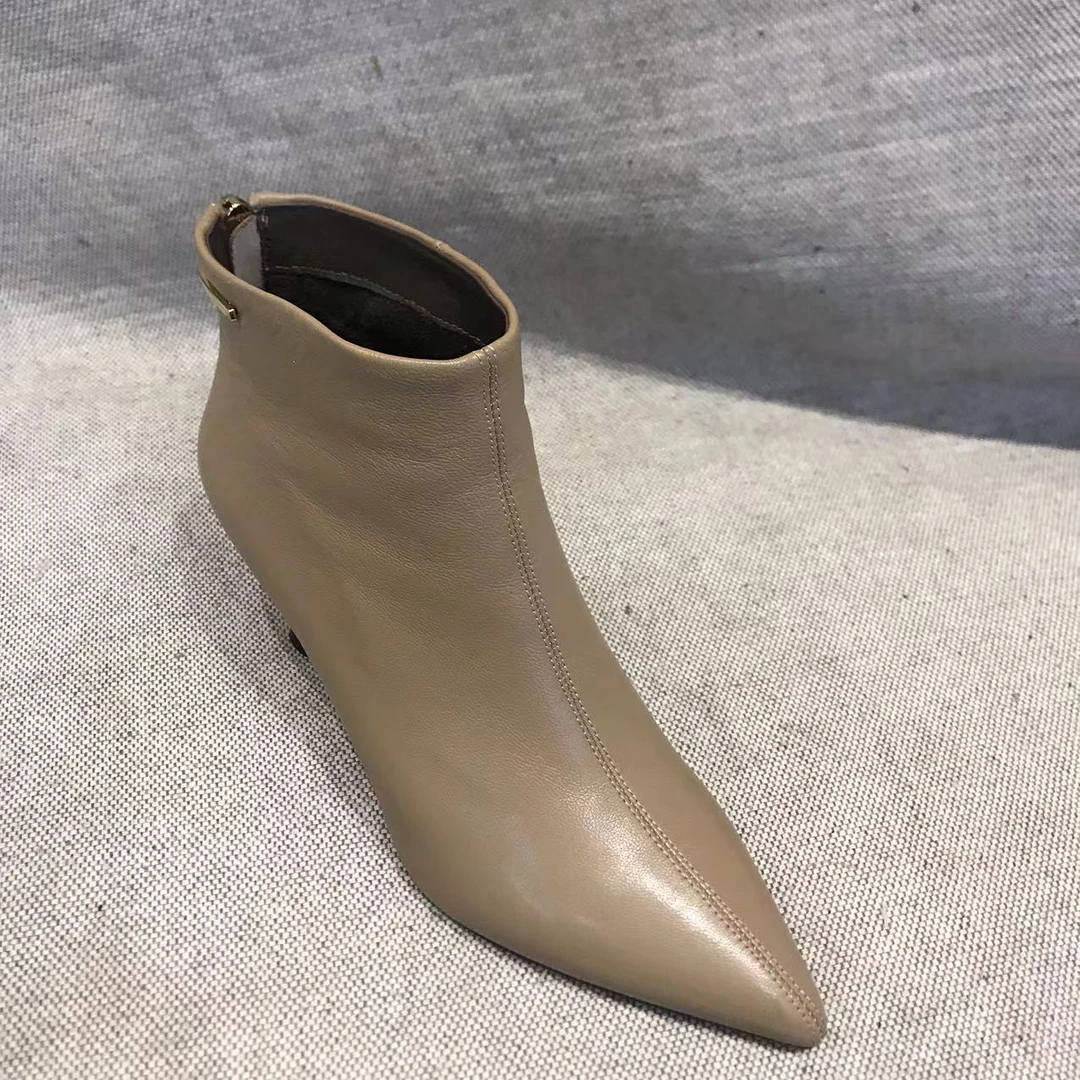 尖头春秋女后拉链短靴粗跟加绒女靴靴子时装靴高跟