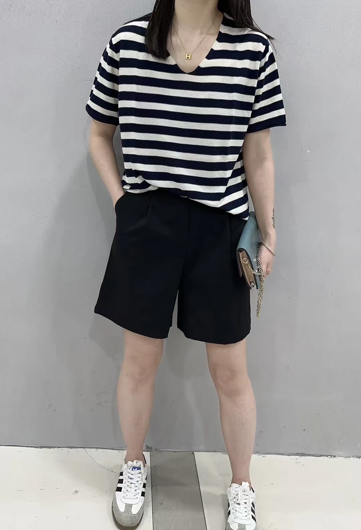 康家衣橱新款清凉透气v领绢丝条纹短袖体恤2525