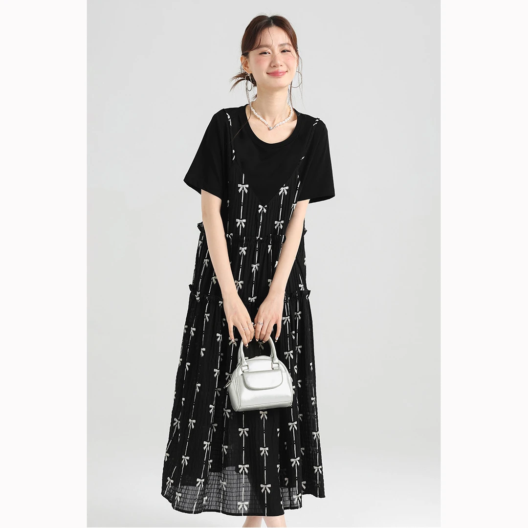 大码假两件连衣裙夏季女长裙高级感气质胖mm显瘦遮肚子黑色裙子