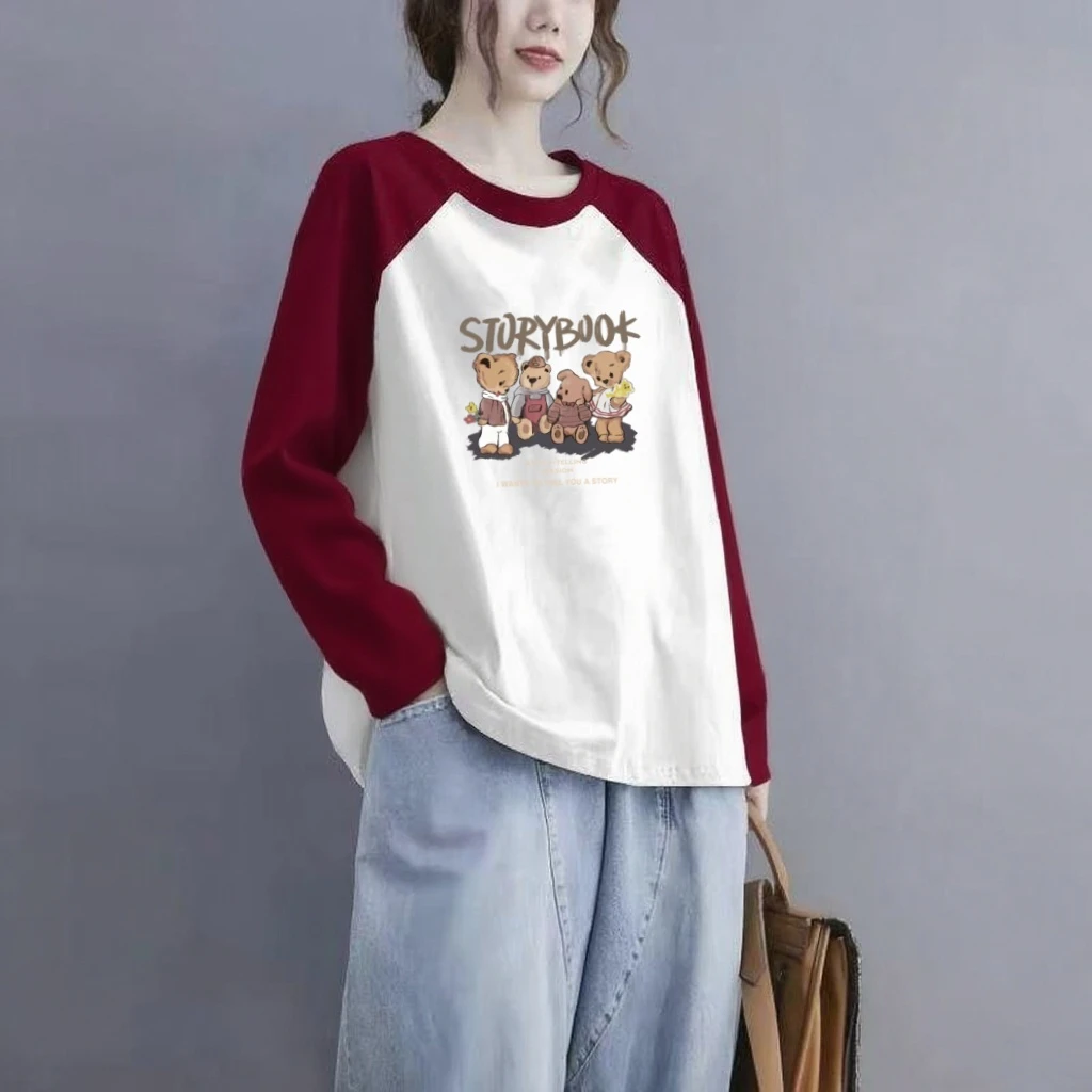 100%纯棉长袖t恤女秋季新款宽松大码打底衫胖mm洋气拼接撞色上衣