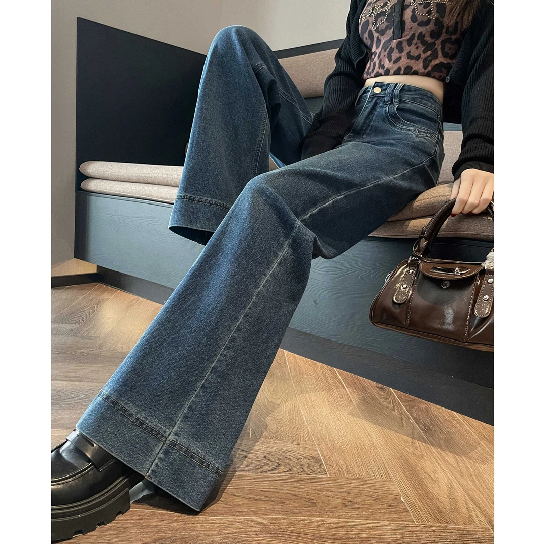 美式复古微喇牛仔裤女春秋款小个子高腰显瘦宽松阔腿窄版拖地裤子