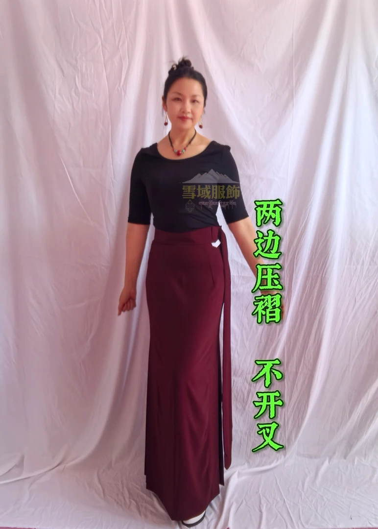 弹力麻两边压褶飘带裙半身长裙女夏季薄款新款锅庄裙舞台装表演服