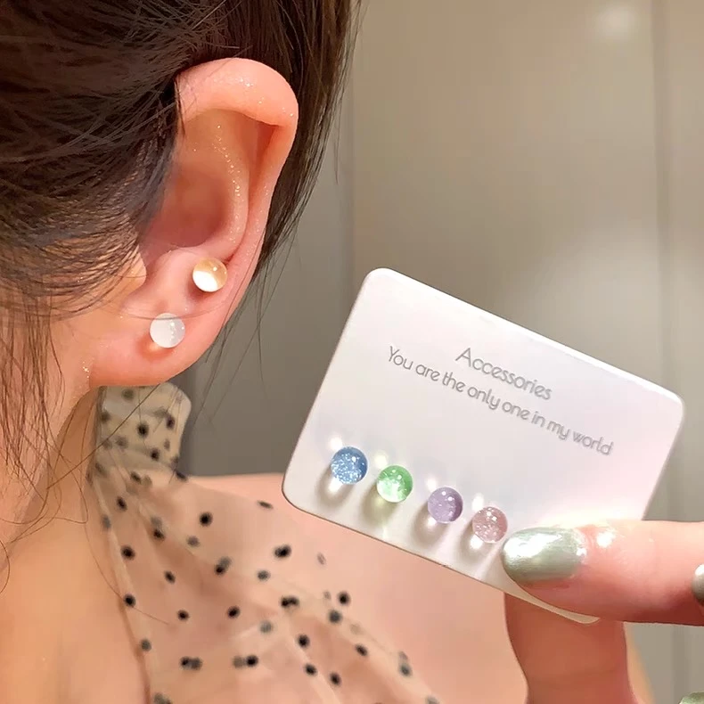 铜合金树脂耳饰 春夏清透感彩色豆豆耳钉六件套简约百搭耳环耳饰